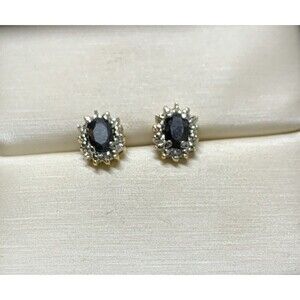 DBJ 925 Sterling Silver Dark Blue Sapphire Earrings Diamond Accent Stud